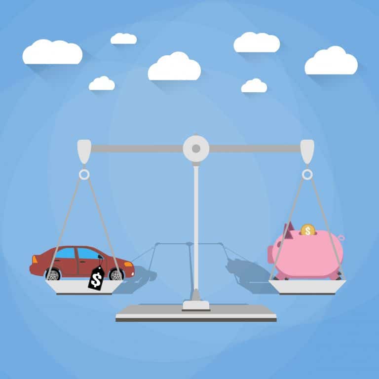 What is opportunity cost? Cartoon image of a scale with a car on one side, and a piggy bank on the other.